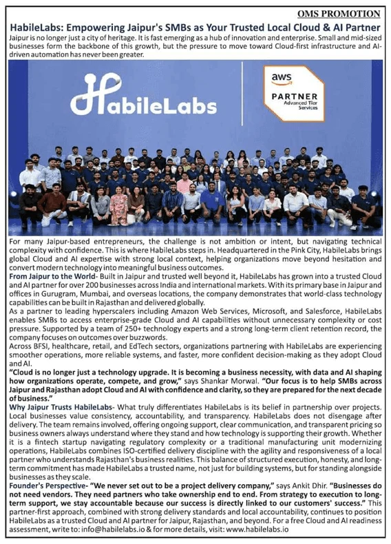 A full page in The Sunday Times of India, Jaipur, headlined “HabileLabs: Empowering Jaipur's SMBs as Your Trusted Local Cloud & AI Partner”, marked OMS Promotion