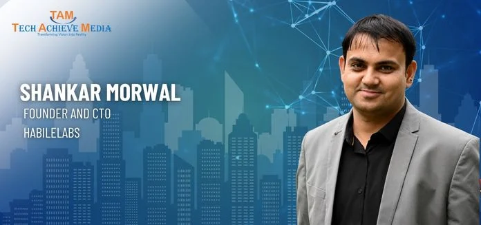 Tech Achieve Media's interview card — Shankar Morwal, Founder and CTO, HabileLabs, against a blue city skyline